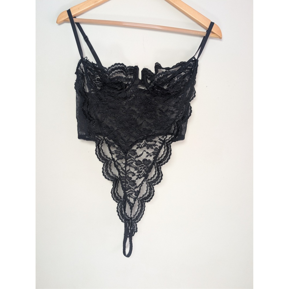 Delicates Black Lace Teddy Bodysuit 36C Underwire Sheer Vintage USA Made‎